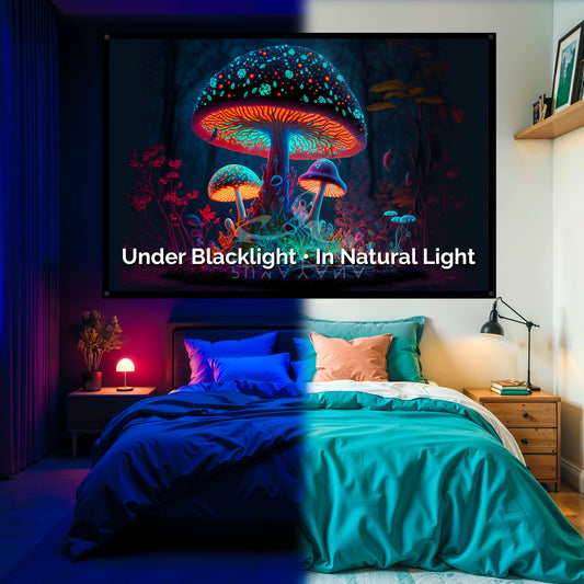 Glowing Mushroom Blacklight Tapestry: UV Reactive Glowing Wall Hanging