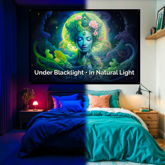 Goddess Tara Kuan Yin Tapestry: UV Reactive Glowing Wall Hanging