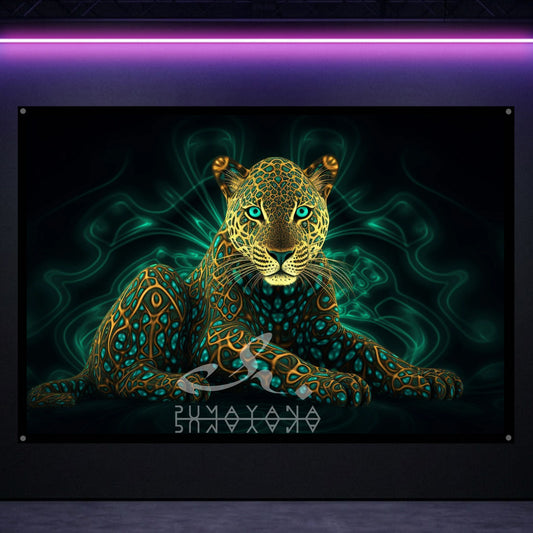 Mythical Jaguar Blacklight Tapestry: UV Reactive Glowing Wall Hanging