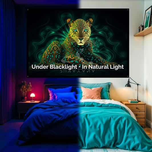 Mythical Jaguar Blacklight Tapestry: UV Reactive Glowing Wall Hanging