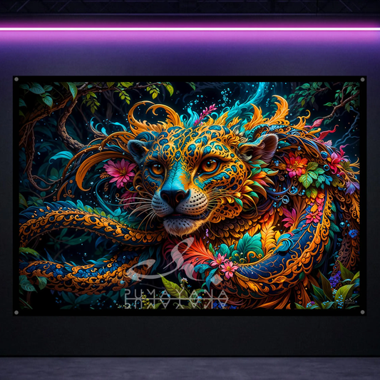 Jaguar Serpent Blacklight Tapestry: UV Reactive Glowing Wall Hanging