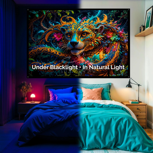 Jaguar Serpent Blacklight Tapestry: UV Reactive Glowing Wall Hanging