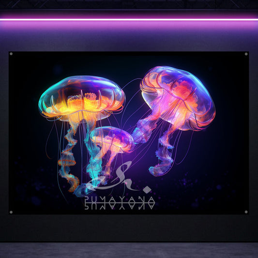 Magic Jellyfish Blacklight Tapestry: UV Reactive Glowing Wall Hanging