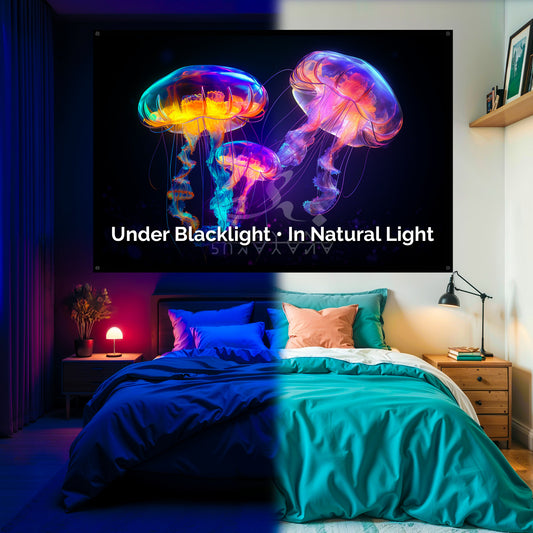 Magic Jellyfish Blacklight Tapestry: UV Reactive Glowing Wall Hanging