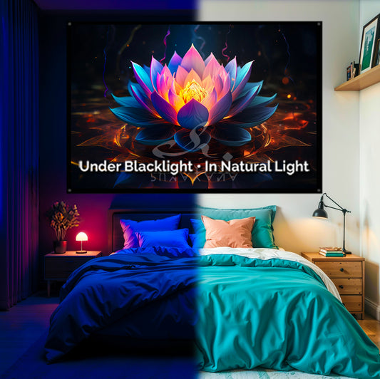 Lotus Flower Blacklight Tapestry: UV Reactive Glowing Wall Hanging