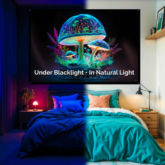 Magic Glowing Mushroom Blacklight Tapestry: UV Reactive Glowing Wall Hanging