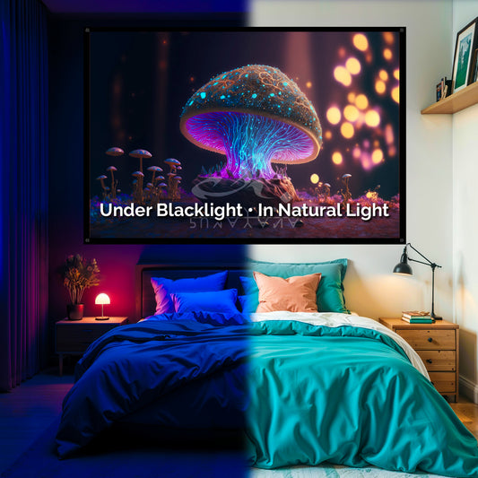 Magic Mushroom Blacklight Tapestry: UV Reactive Glowing Wall Hanging