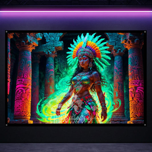 Tantric Mayan Goddess Blacklight Tapestry: UV Reactive Glowing Wall Hanging
