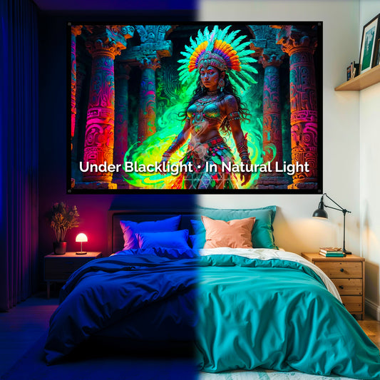 Tantric Mayan Goddess Blacklight Tapestry: UV Reactive Glowing Wall Hanging