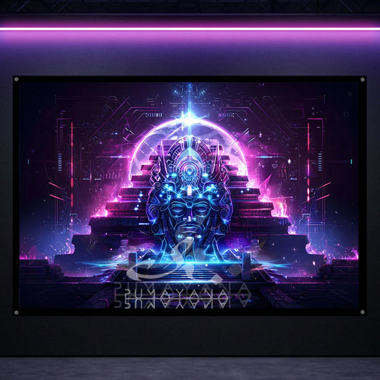 Cosmic Mayan Pyramid Blacklight Tapestry: UV Reactive Glowing Wall Hanging