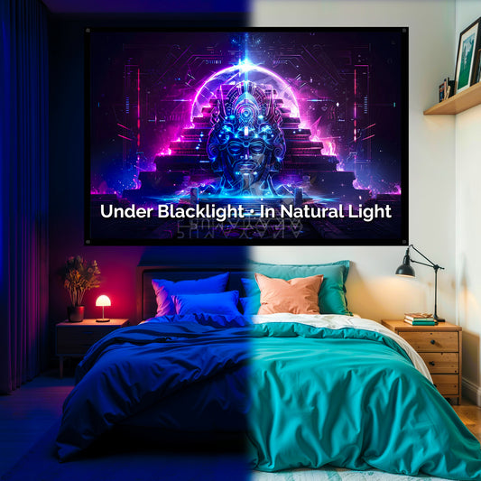 Cosmic Mayan Pyramid Blacklight Tapestry: UV Reactive Glowing Wall Hanging