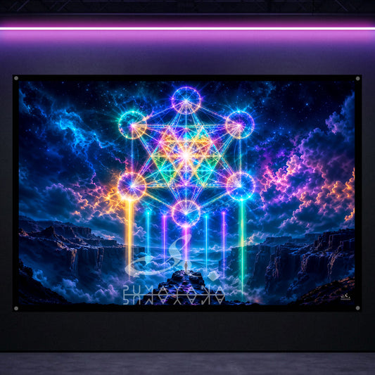 Sacred Merkaba Geometry Blacklight Tapestry: UV Reactive Glowing Wall Hanging