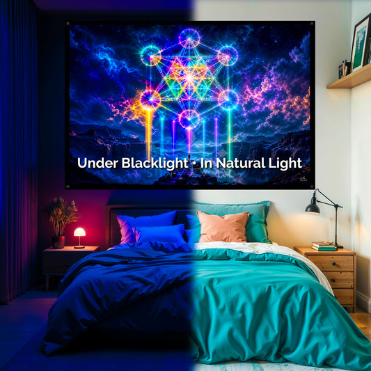 Sacred Merkaba Geometry Blacklight Tapestry: UV Reactive Glowing Wall Hanging