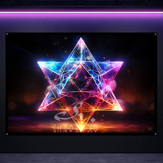 Merkaba Fractal Geometry Blacklight Tapestry: UV Reactive Glowing Wall Hanging