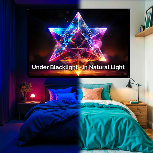 Merkaba Fractal Geometry Blacklight Tapestry: UV Reactive Glowing Wall Hanging