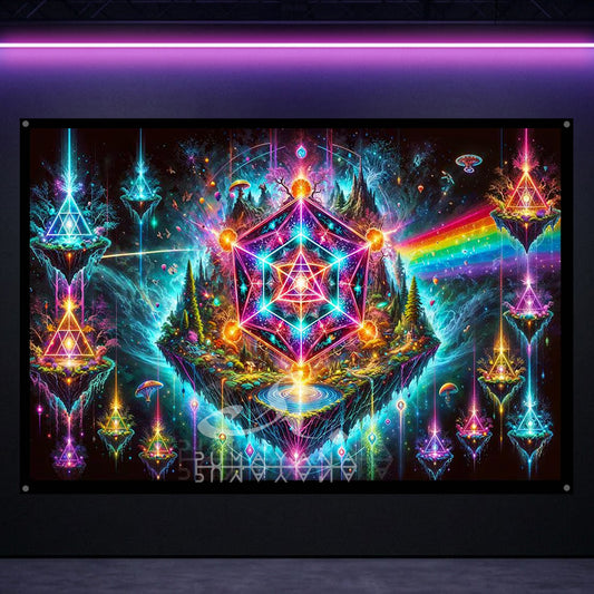 Merkaba Sacred Geometry Blacklight Tapestry: UV Reactive Glowing Wall Hanging