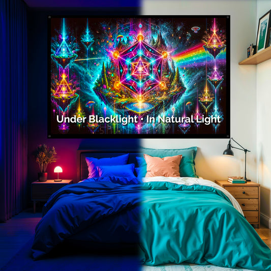 Merkaba Sacred Geometry Blacklight Tapestry: UV Reactive Glowing Wall Hanging