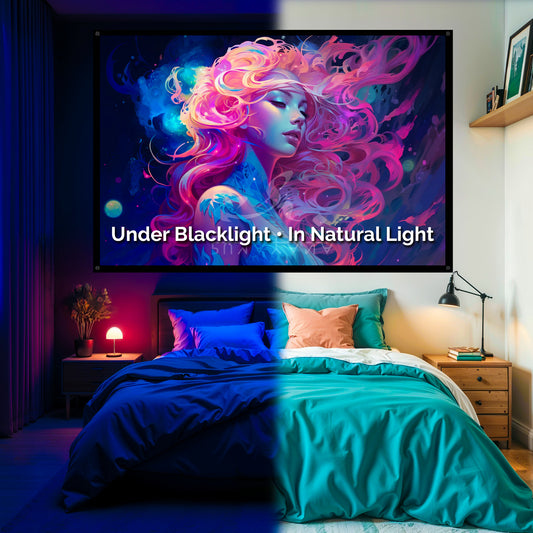 Tantric Moon Goddess Tapestry: UV Reactive Glowing Wall Hanging