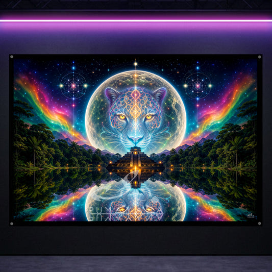 Moon Jaguar Blacklight Tapestry: UV Reactive Glowing Wall Hanging