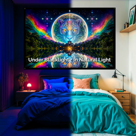 Moon Jaguar Blacklight Tapestry: UV Reactive Glowing Wall Hanging