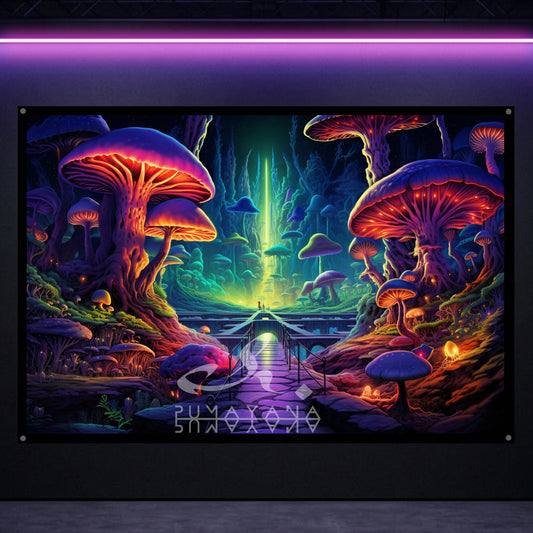Magic Mushroom Forest Tapestry: UV Reactive Glowing Wall Hanging