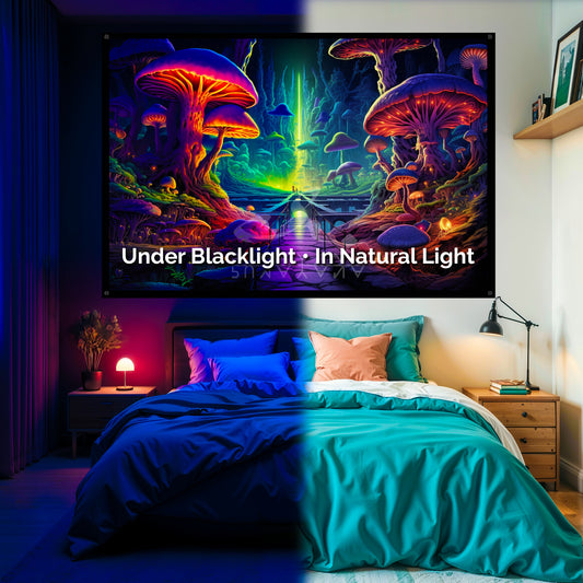 Magic Mushroom Forest Tapestry: UV Reactive Glowing Wall Hanging