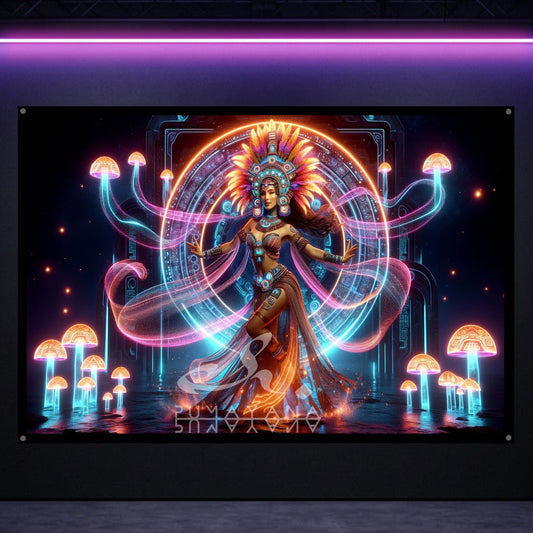 Mayan Mushroom Goddess Blacklight Tapestry: UV Reactive Glowing Wall Hanging