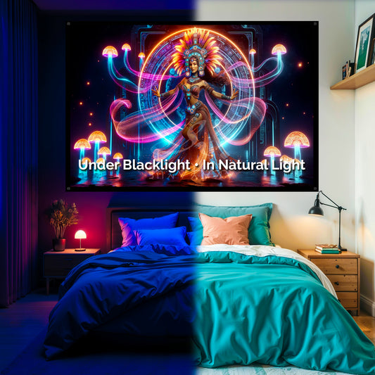 Mayan Mushroom Goddess Blacklight Tapestry: UV Reactive Glowing Wall Hanging