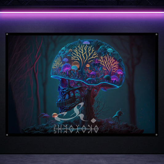 Psychedelic Skull Mushroom Blacklight Tapestry: UV Reactive Glowing Wall Hanging