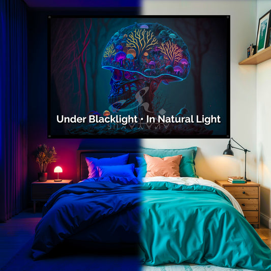 Psychedelic Skull Mushroom Blacklight Tapestry: UV Reactive Glowing Wall Hanging