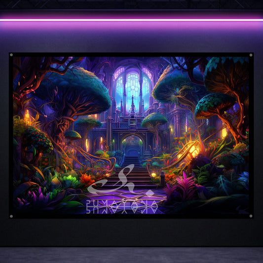 Psychedelic Mushroom Land Blacklight Tapestry: UV Reactive Glowing Wall Hanging