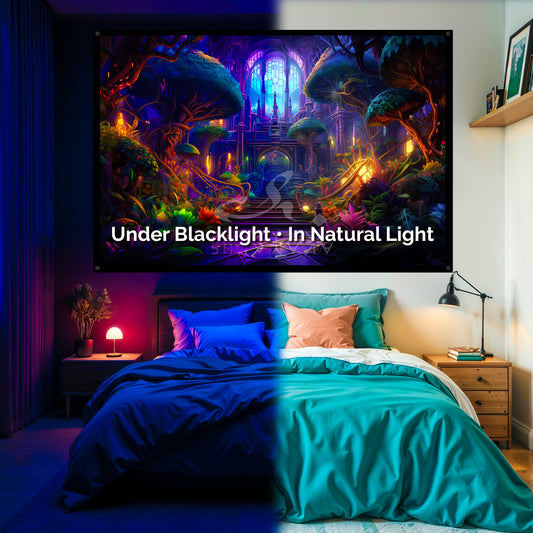 Psychedelic Mushroom Land Blacklight Tapestry: UV Reactive Glowing Wall Hanging