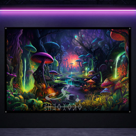 Mystic Mushroom Land Blacklight Tapestry: UV Reactive Glowing Wall Hanging