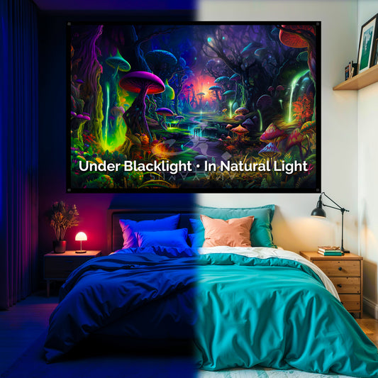 Mystic Mushroom Land Blacklight Tapestry: UV Reactive Glowing Wall Hanging