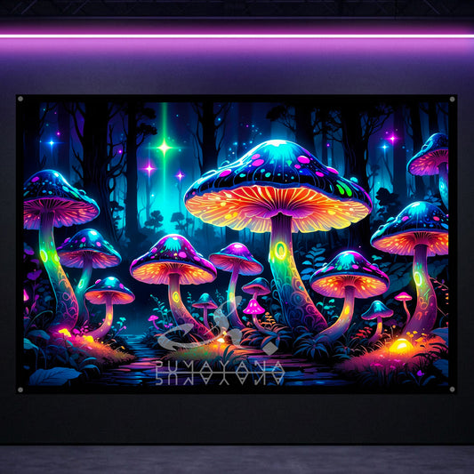 Magic Mushroom Forest Blacklight Tapestry: UV Reactive Glowing Wall Hanging