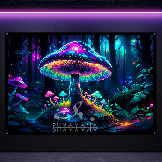 Neon Glow Mushroom Blacklight Tapestry: UV Reactive Glowing Wall Hanging