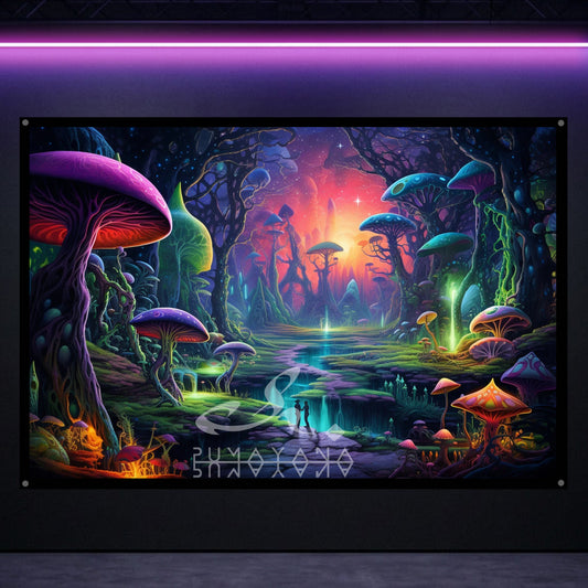 Mushroom Trip Vision Blacklight Tapestry: UV Reactive Glowing Wall Hanging