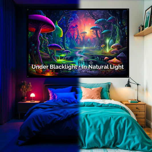 Mushroom Trip Vision Blacklight Tapestry: UV Reactive Glowing Wall Hanging