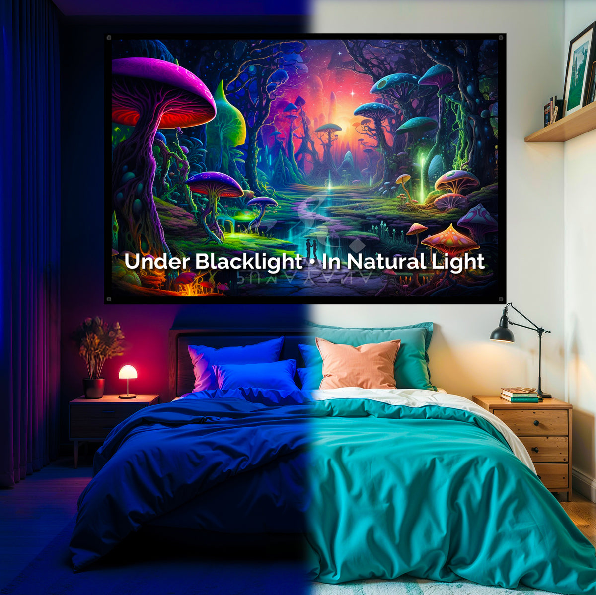 Mushroom Trip Vision Blacklight Tapestry: UV Reactive Glowing Wall Han ...