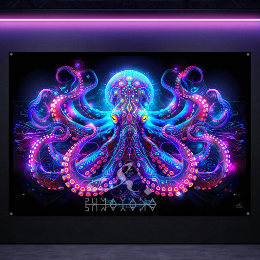 Psychedelic Octopus Blacklight Tapestry: UV Reactive Glowing Wall Hanging
