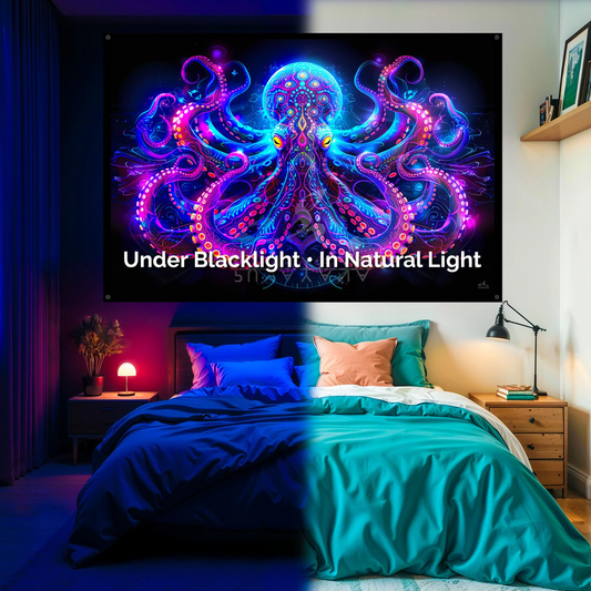 Psychedelic Octopus Blacklight Tapestry: UV Reactive Glowing Wall Hanging