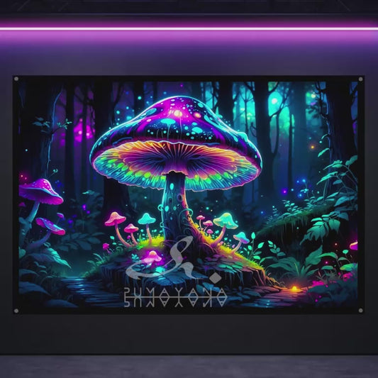 Neon Glow Mushroom Blacklight Tapestry: UV Reactive Glowing Wall Hanging