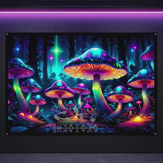 Magic Mushroom Forest Blacklight Tapestry: UV Reactive Glowing Wall Hanging