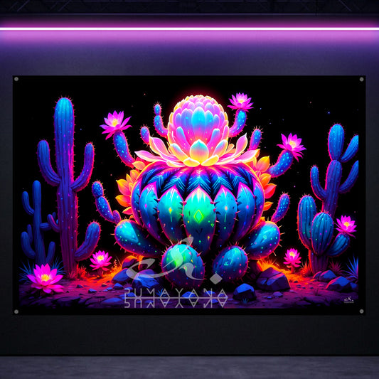 Sacred Cactus Blacklight Tapestry: UV Reactive Glowing Wall Hanging
