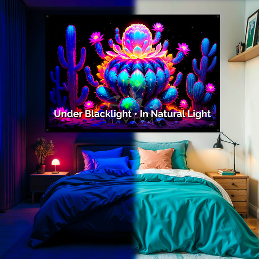 Sacred Cactus Blacklight Tapestry: UV Reactive Glowing Wall Hanging