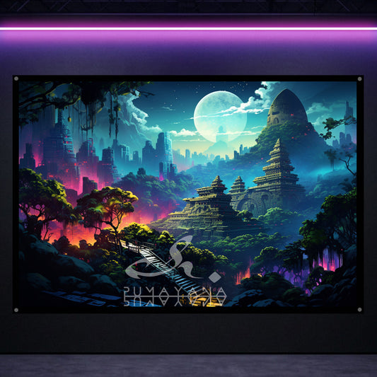 Sacred Temple Blacklight Tapestry: UV Reactive Glowing Wall Hanging