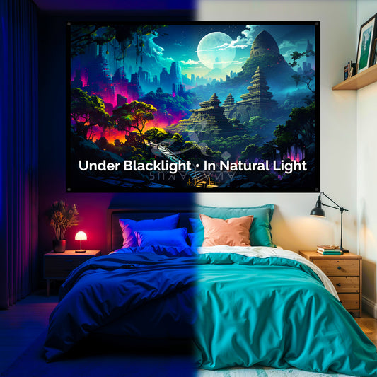 Sacred Temple Blacklight Tapestry: UV Reactive Glowing Wall Hanging