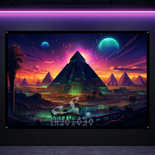 Sacred Pyramid Blacklight Tapestry: UV Reactive Glowing Wall Hanging