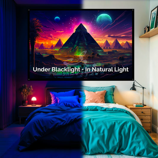 Sacred Pyramid Blacklight Tapestry: UV Reactive Glowing Wall Hanging
