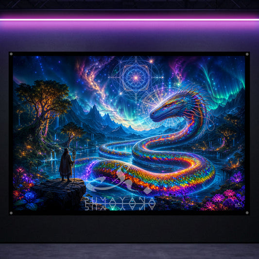 Rainbow Serpent Blacklight Tapestry: UV Reactive Glowing Wall Hanging